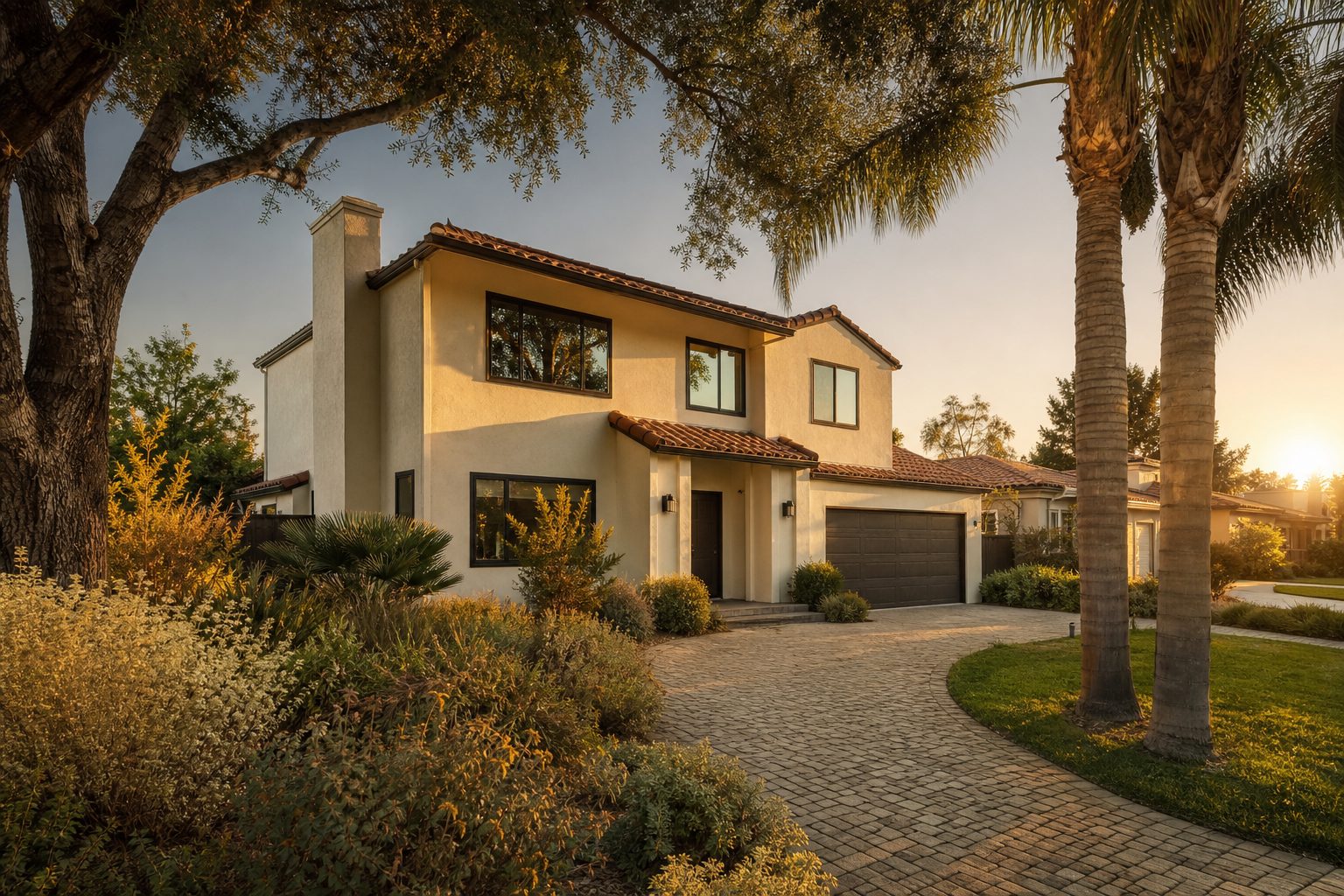 Two story stucco home with palm trees and paver driveway in Northridge