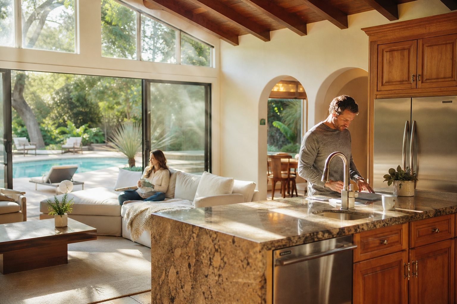 Open kitchen and family room overlooking a backyard pool in a Northridge home