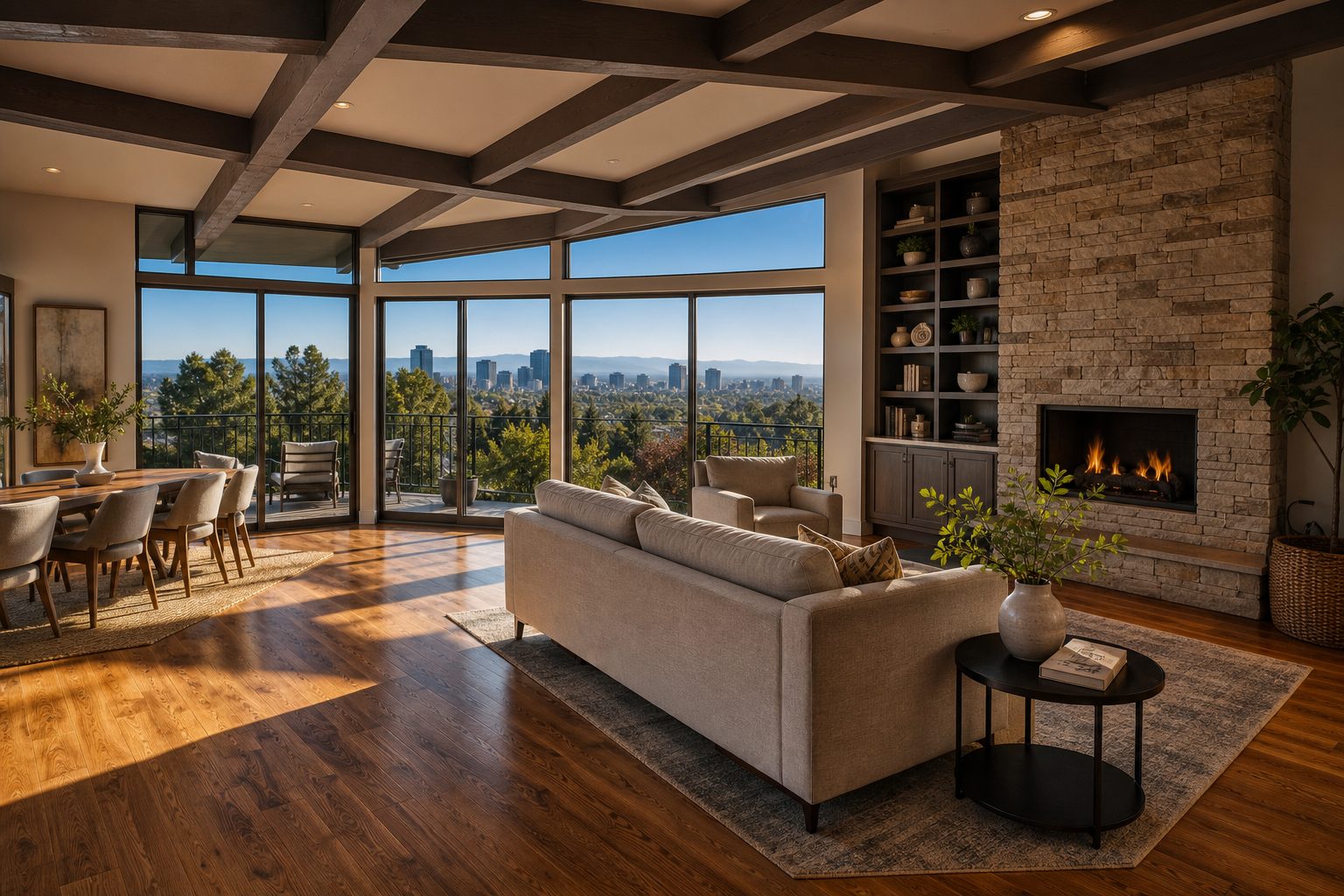 Open living room with stone fireplace and floor to ceiling view windows in a Woodland Hills home