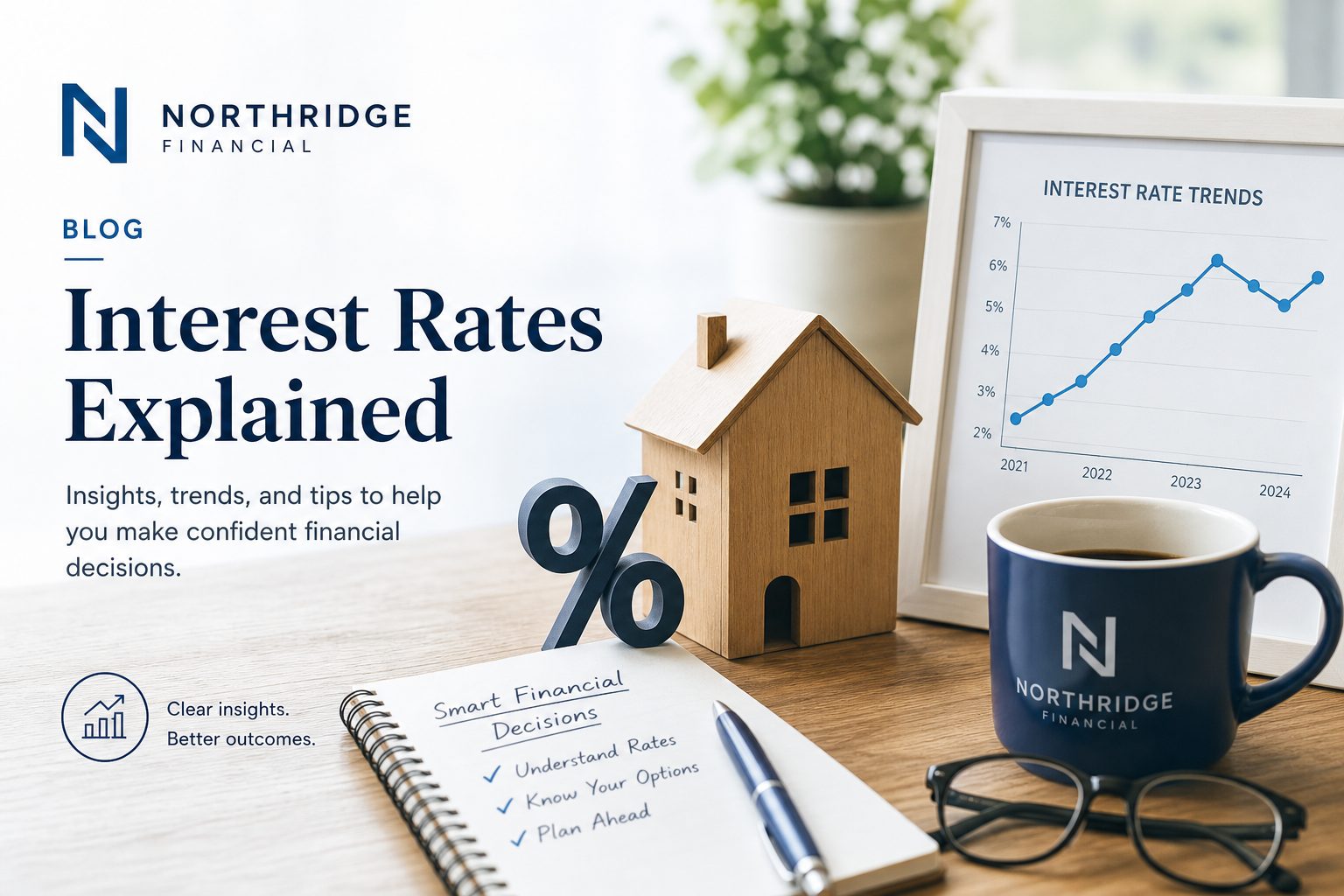 Interest rates explained graphic with rate trend chart and model house for Northridge home sellers