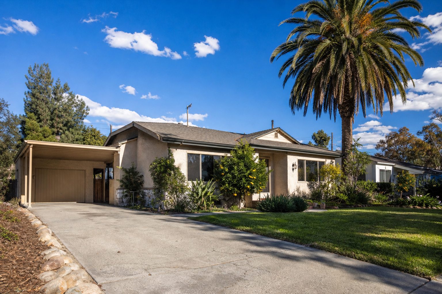 Single story stucco home with carport, tall palm tree and front lawn in Northridge