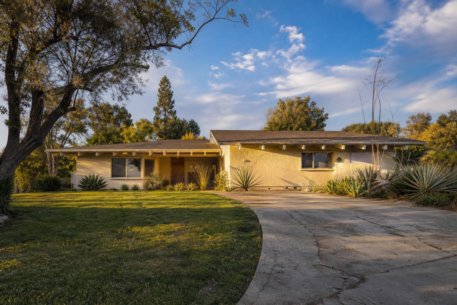 Single story stucco ranch home with curved driveway and front lawn at golden hour in Northridge