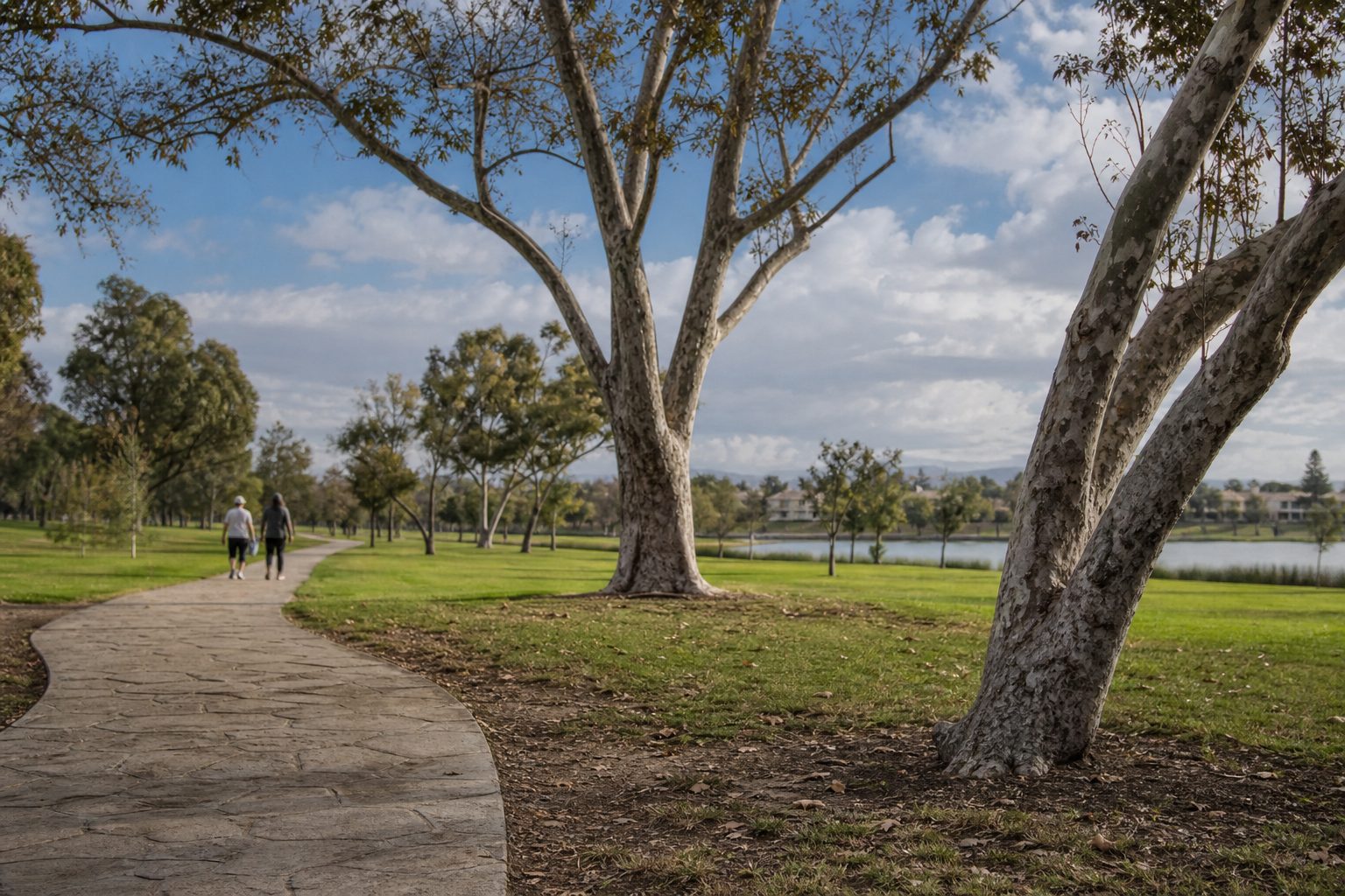 Lake Balboa Park with walking paths, mature trees, and distant pedestrians in Sepulveda Basin recreation area.