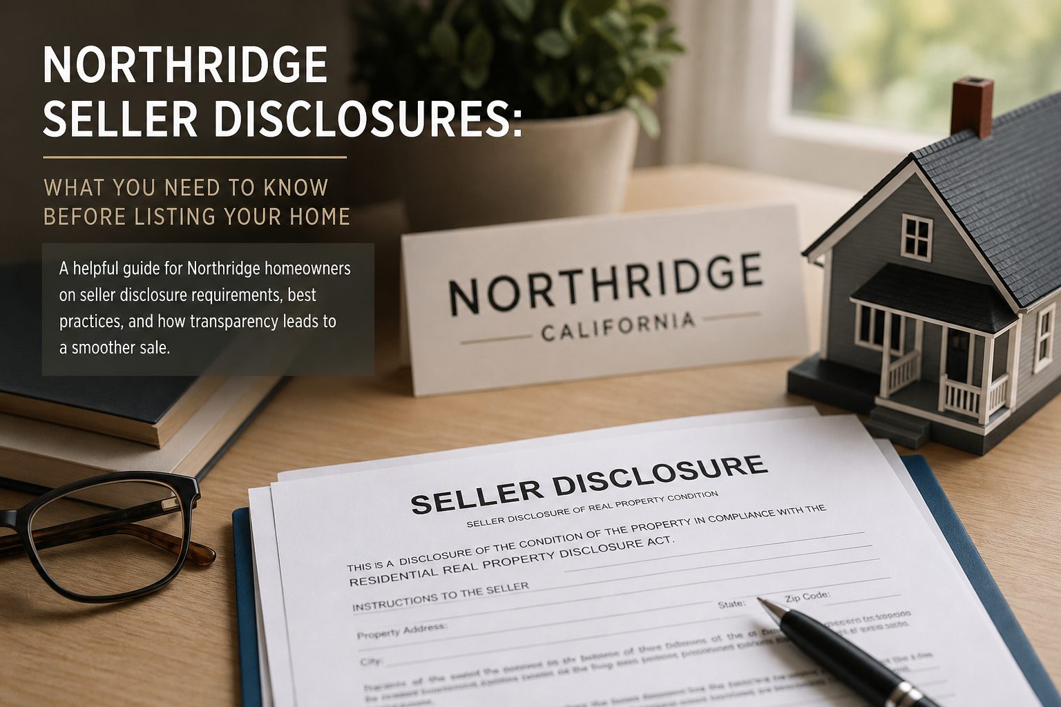 Seller disclosure form and pen beside a Northridge California desk sign and a model house