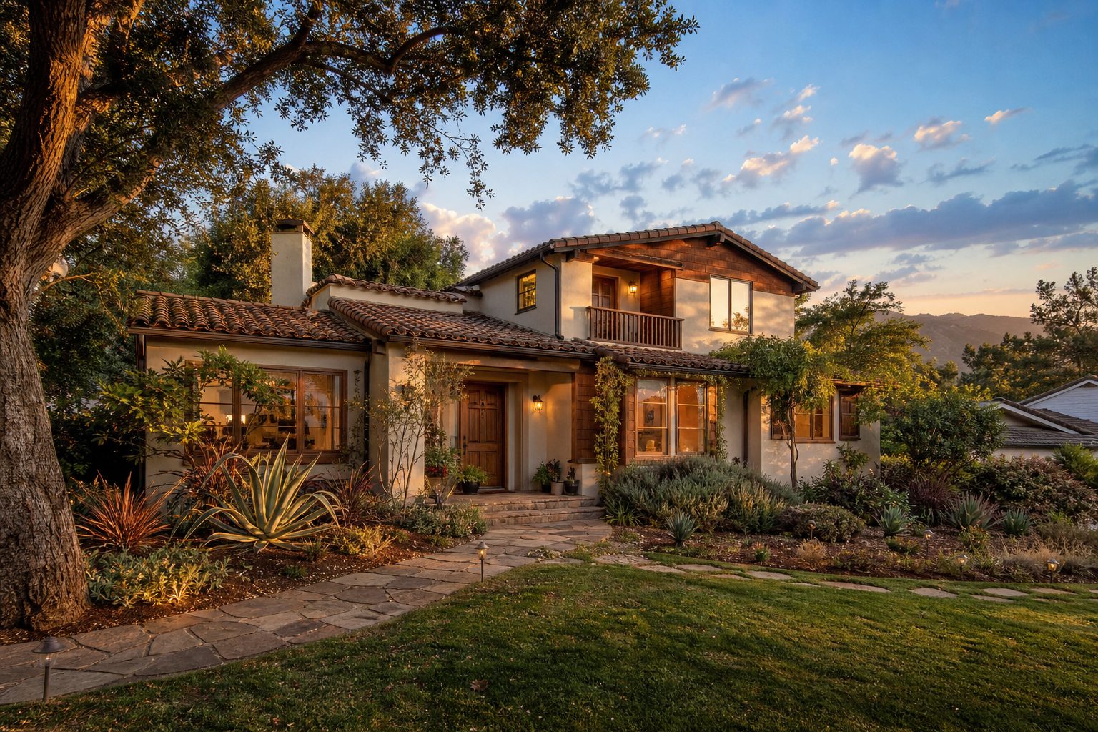 Two story Spanish style home with garden landscaping at sunset in Woodland Hills