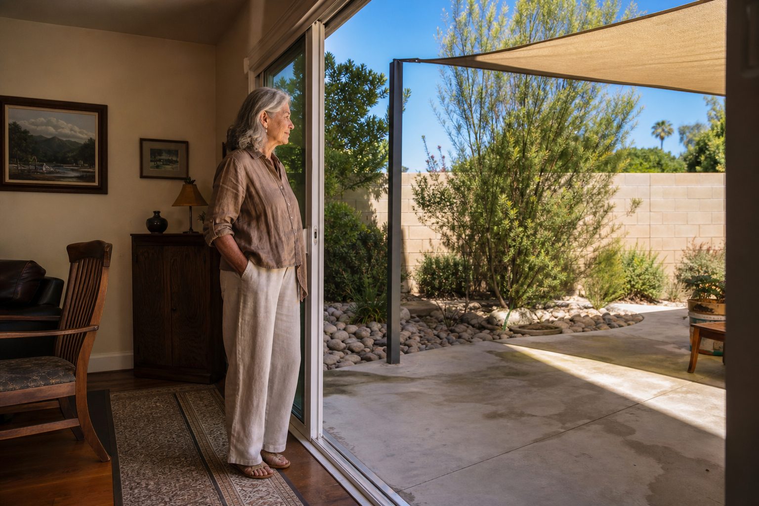 Older woman looking out an open sliding door to a shaded backyard patio