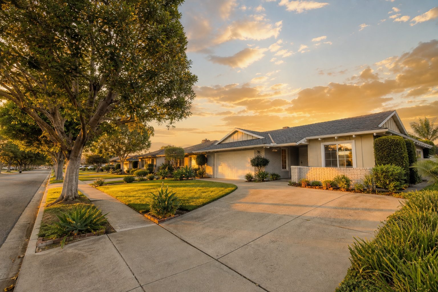 Northridge ranch home with long driveway at sunset
