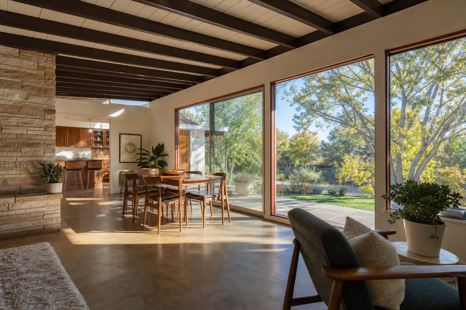 Open living and dining room with wood beam ceiling and glass walls in a Northridge home