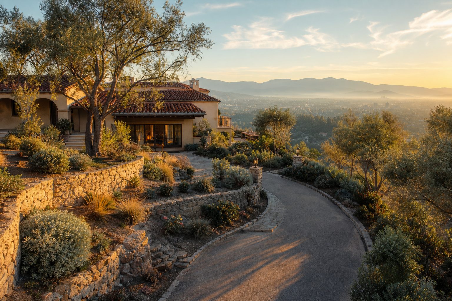 Hillside Spanish style home with tile roof and terraced stone garden overlooking the valley at sunset