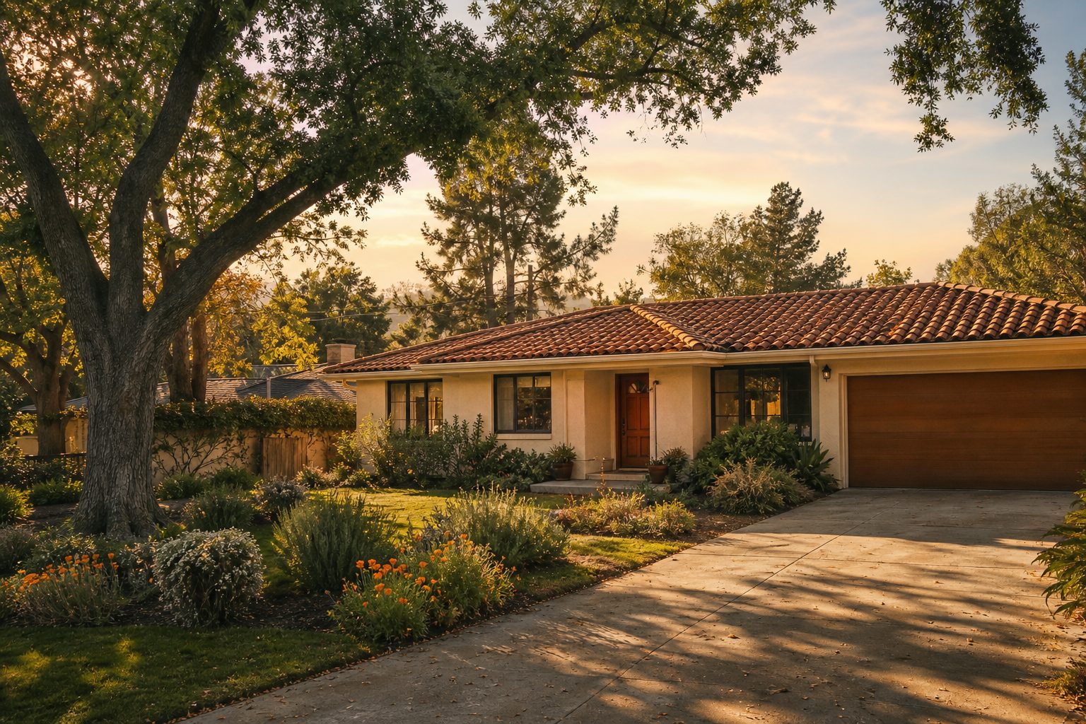 Spanish style ranch home with tile roof at golden hour in Woodland Hills