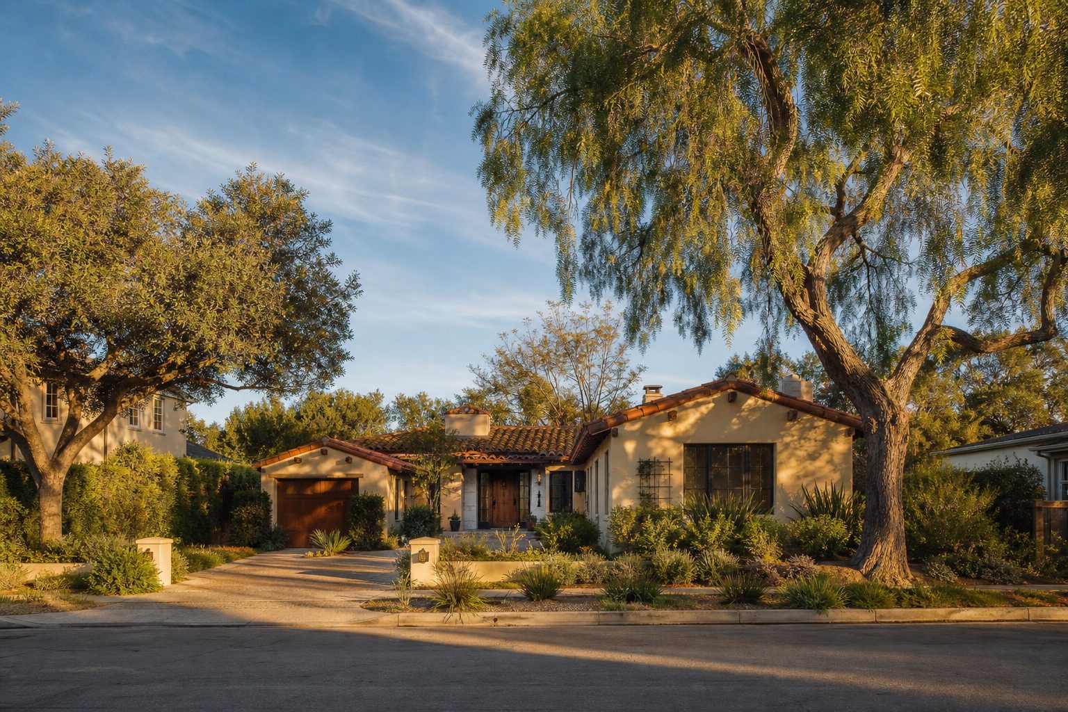 Single-story Spanish Colonial home with terracotta roof and mature pepper tree in Northridge Estates residential neighborhood.