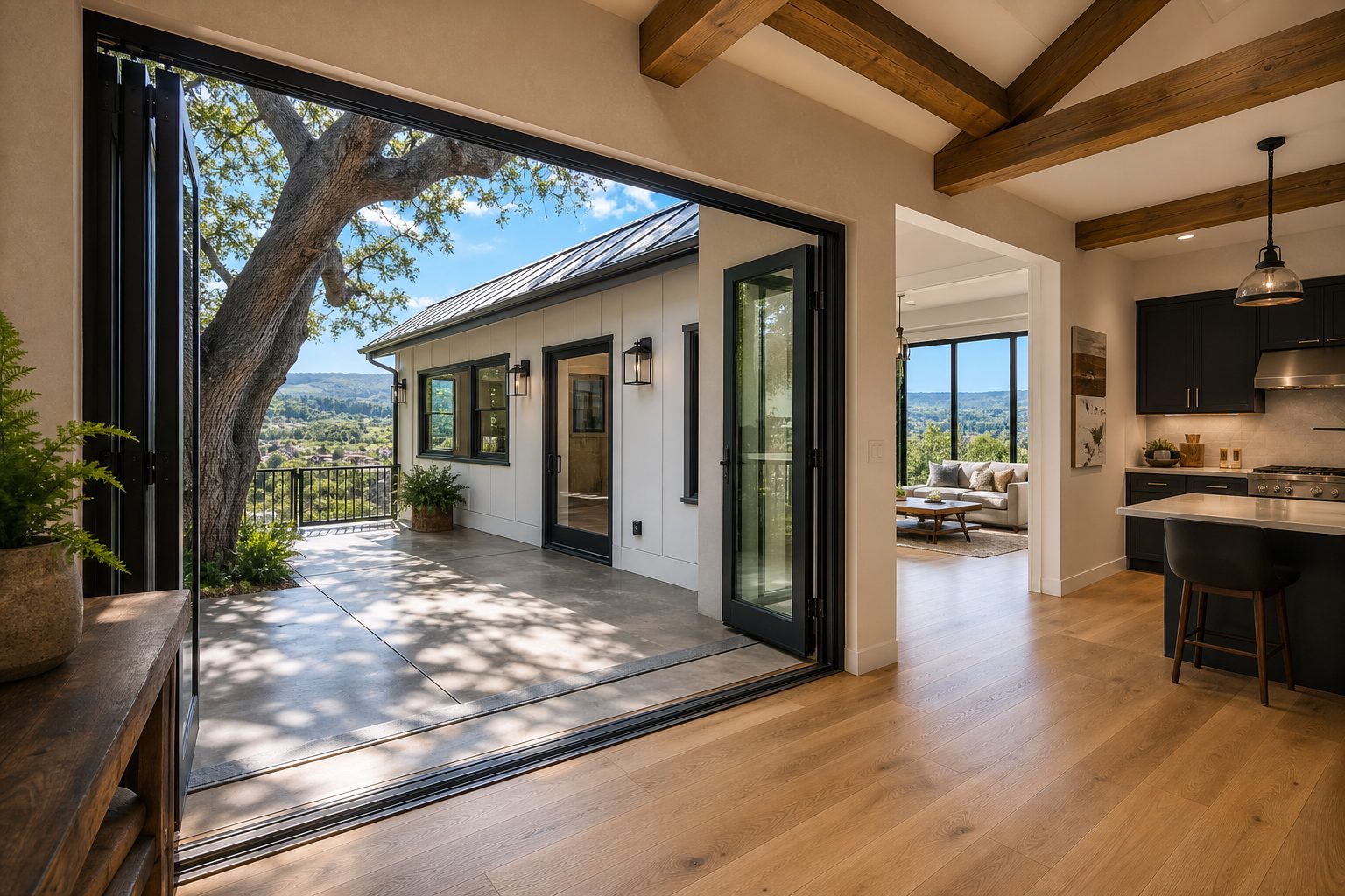 Modern detached ADU with separate entrance visible through glass doors from primary residence in Woodland Hills style home.