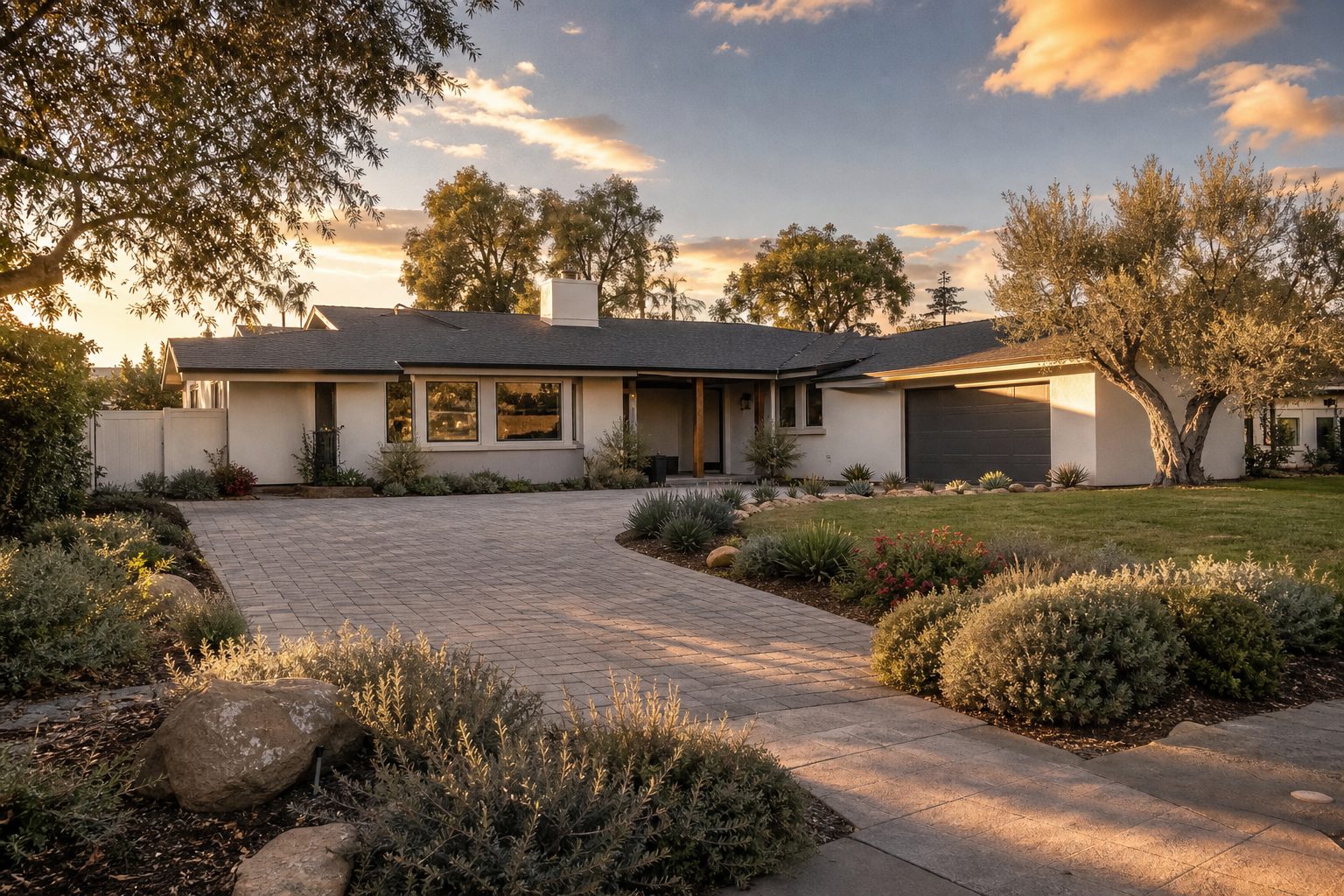 Single story ranch home with paver driveway and drought tolerant landscaping in Lake Balboa