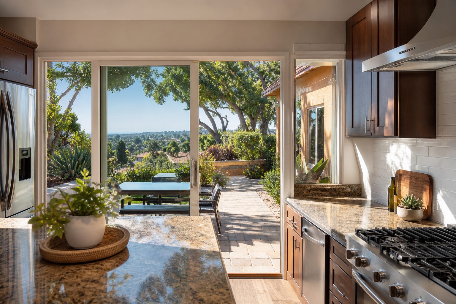 Updated kitchen with gas range and garden view windows in a Northridge home