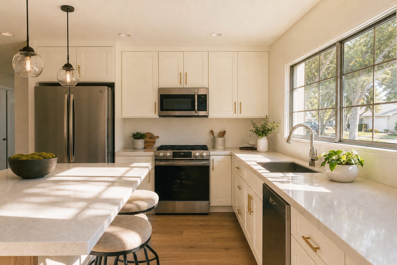 Bright white kitchen with quartz counters and breakfast bar in a Northridge home