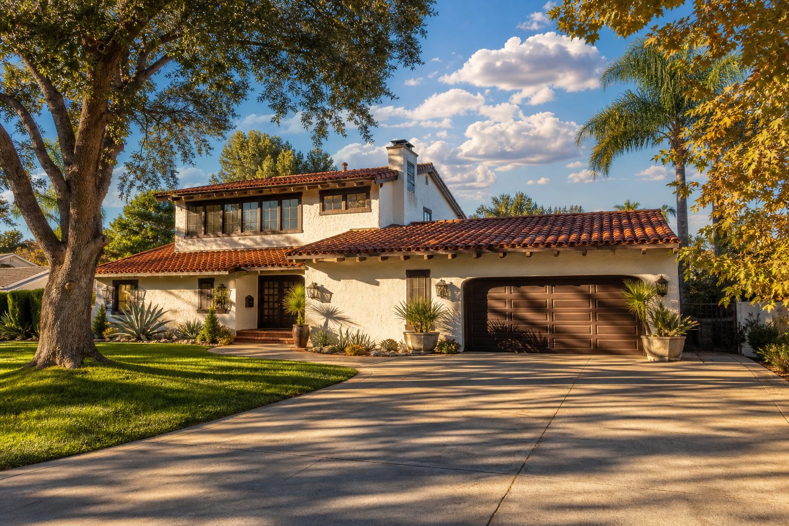 Spanish style Northridge home with red tile roof and wide driveway