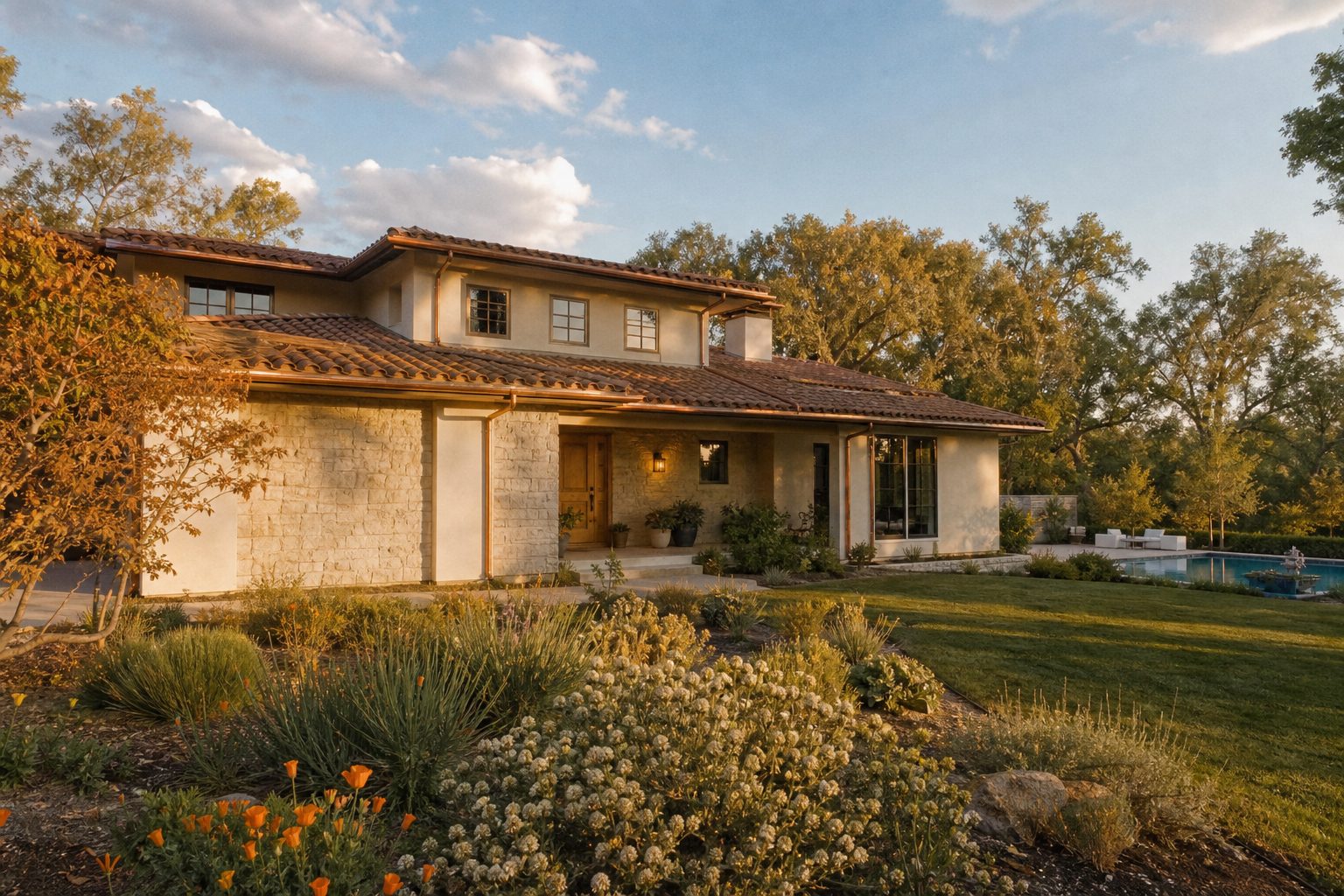 Two story Woodland Hills home with drought tolerant garden before the rainy season