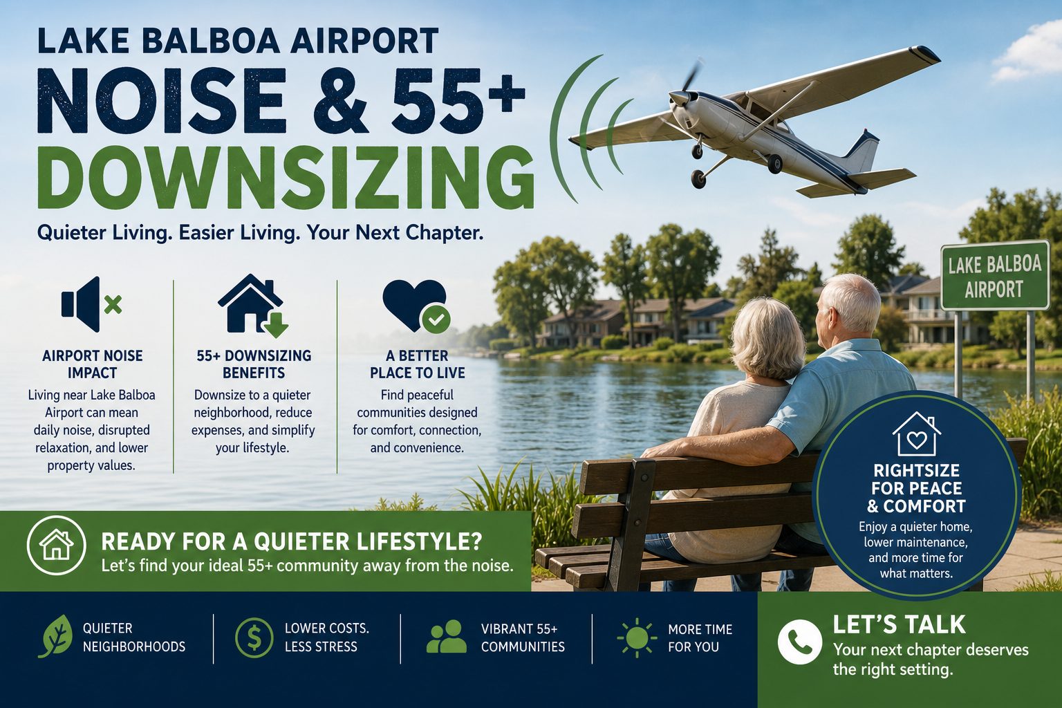 Infographic on airport noise and 55+ downsizing in Lake Balboa, with an older couple on a lakeside bench as a small plane flies overhead