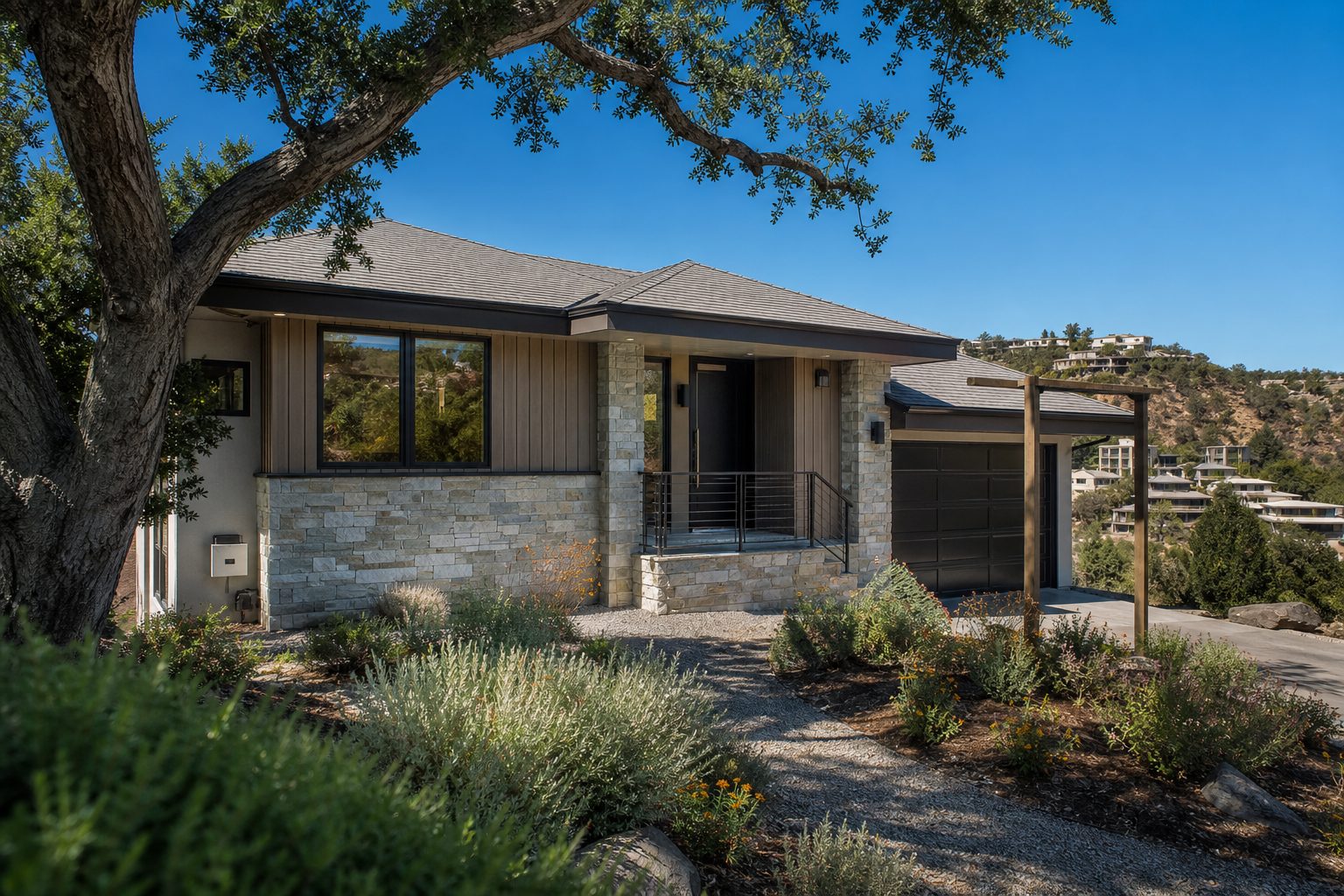 Contemporary Woodland Hills residence with fire-hardened upgrades and compliant defensible space on hillside terrain south of Ventura Boulevard.