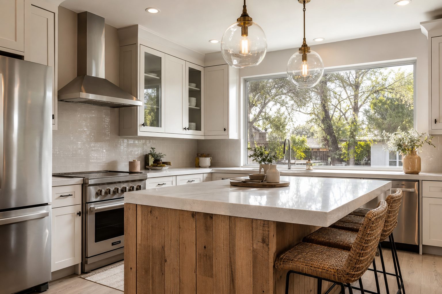 Kitchen with wood island and pendant lights in a Lake Balboa home