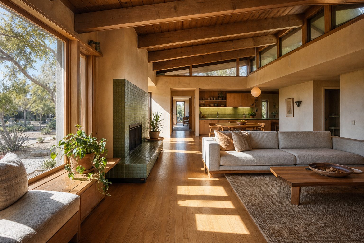 Mid-century ranch home interior in Woodland Hills north of Ventura Boulevard showing original wood beams and period details.