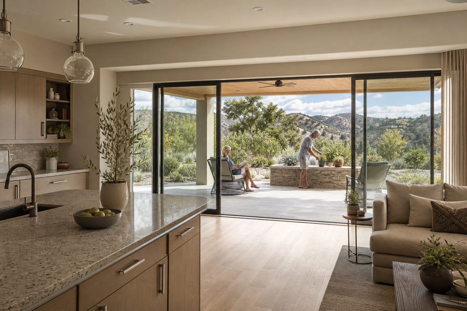 Bright interior of single-story Woodland Hills home showing mature couple relaxing on covered patio framed by sliding glass doors.