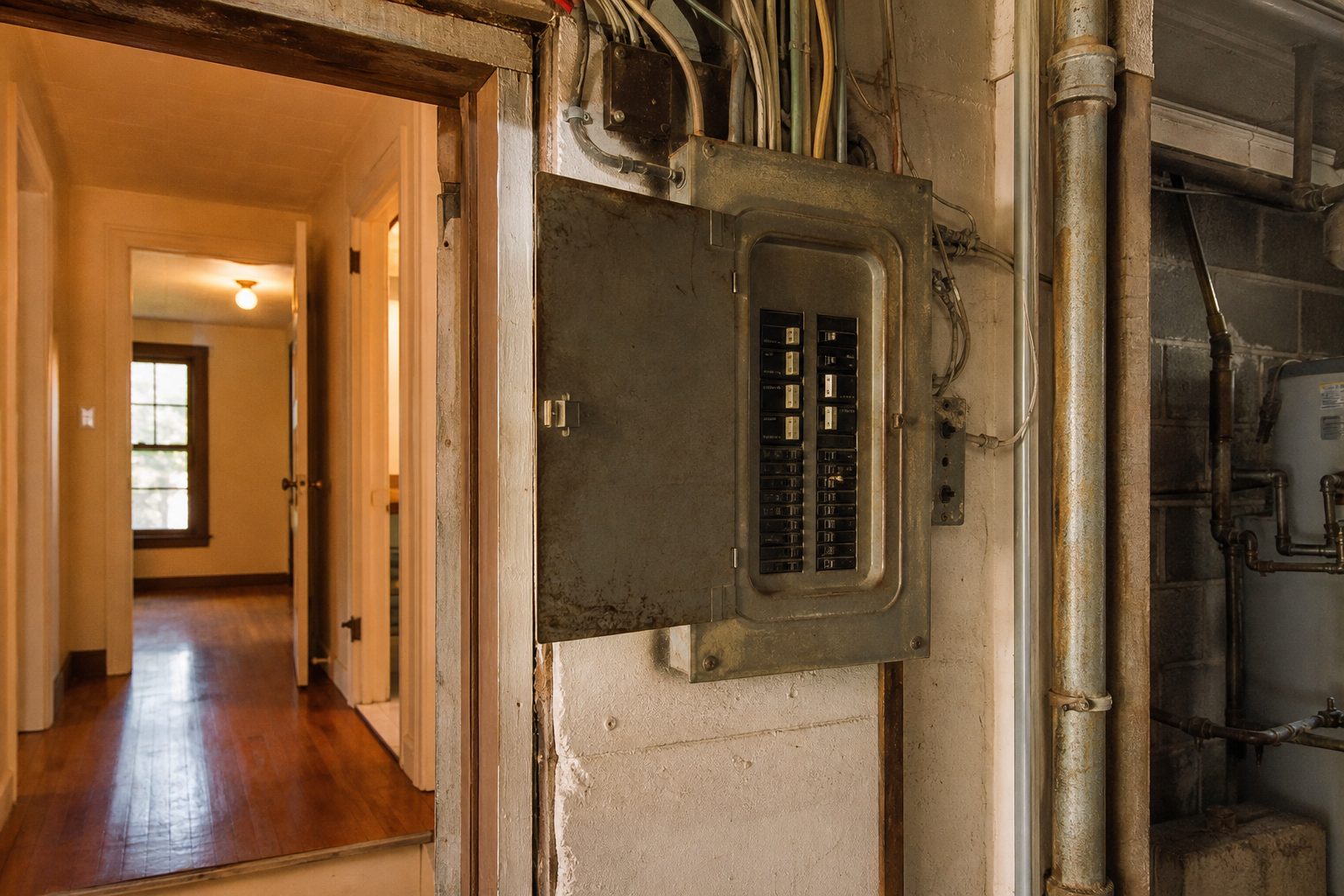 Original 1950s electrical panel and galvanized plumbing systems inside a Lake Balboa ranch home garage and hallway.