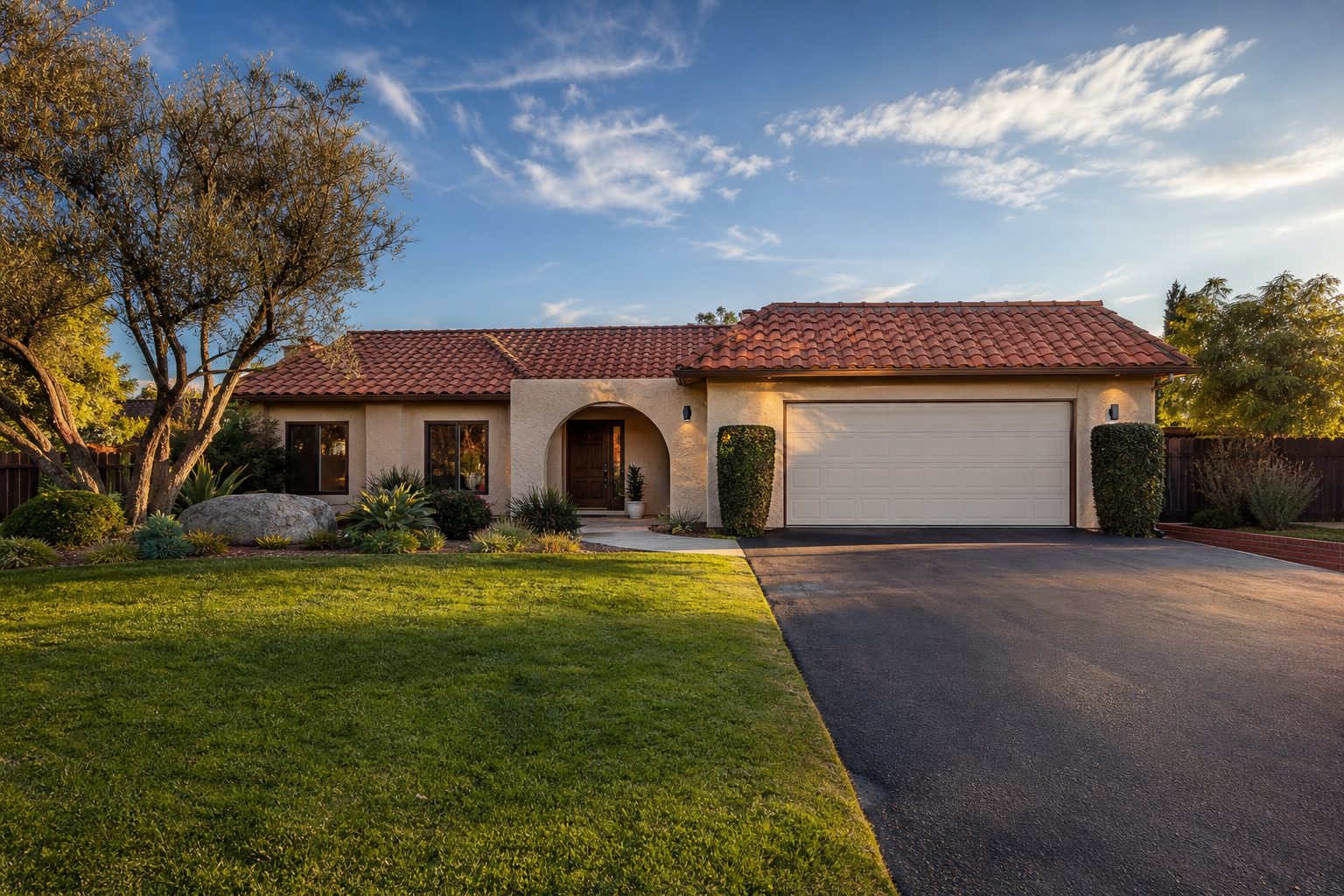 Move-in-ready single-family home with cream stucco, tile roof, arched entry, and mature landscaping in Northridge.