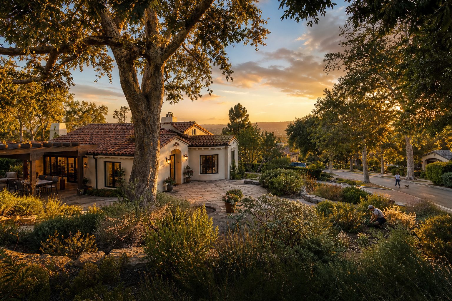 Mature oak-lined residential street in hillside Woodland Hills with stucco home, stone courtyard, and neighbors walking nearby at golden hour.