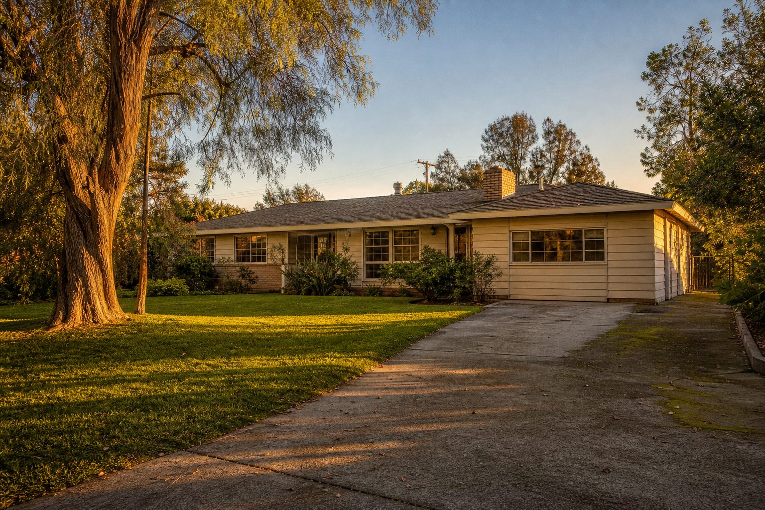 1950s ranch home with mature trees and original architecture in Lake Balboa neighborhood with warm afternoon light.