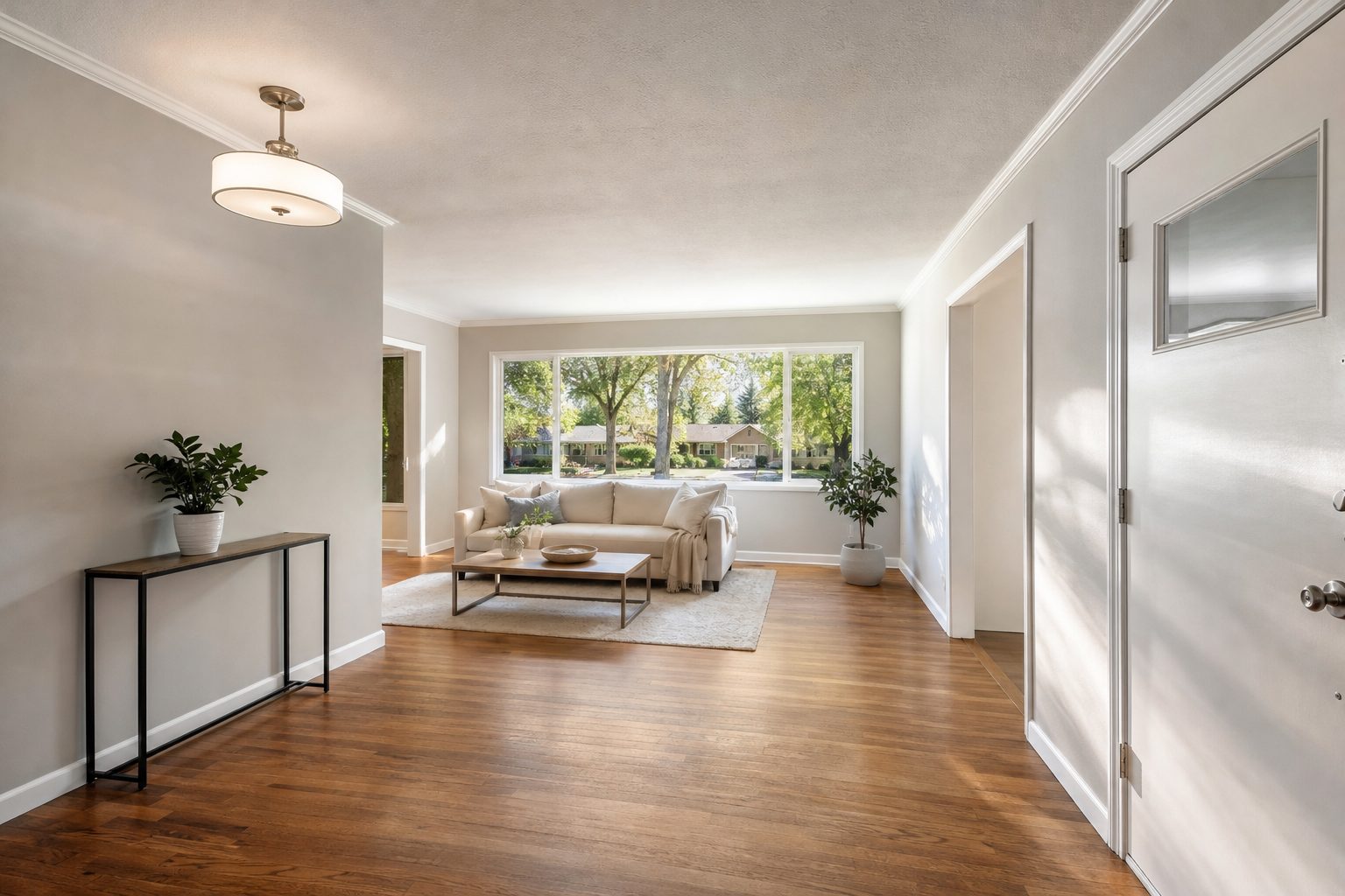 Bright, staged interior of a 1950s ranch home showing neutral living room with updated fixtures and natural window light in North Hills.