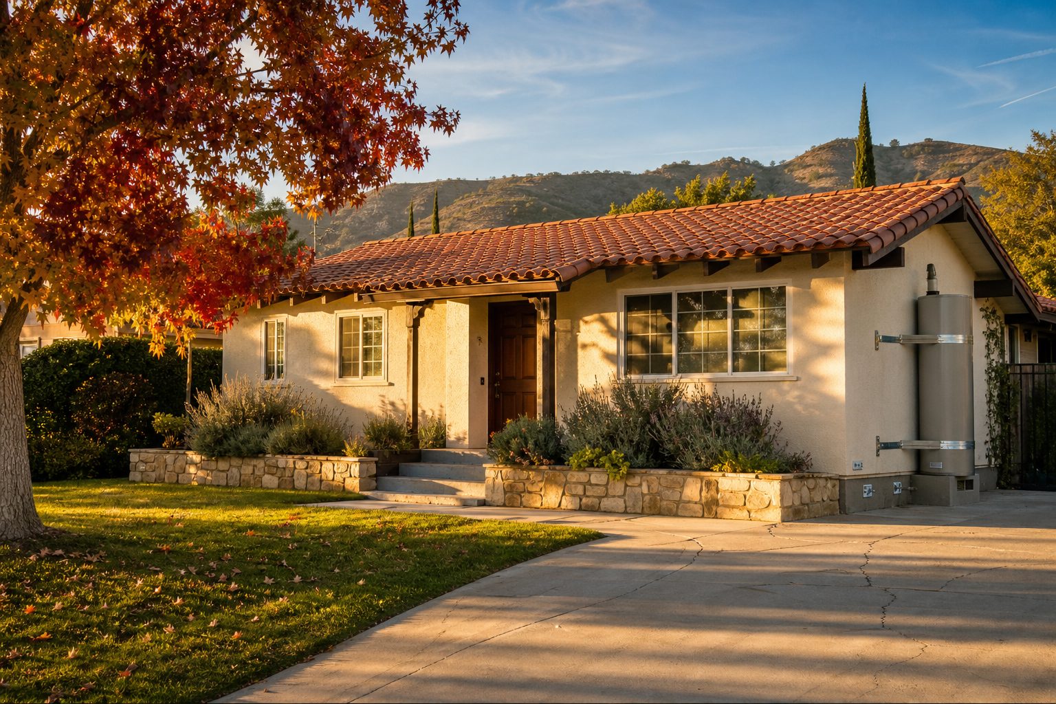 1958 Northridge ranch home with visible foundation bolting retrofit and mature trees casting afternoon shadows on stucco facade.