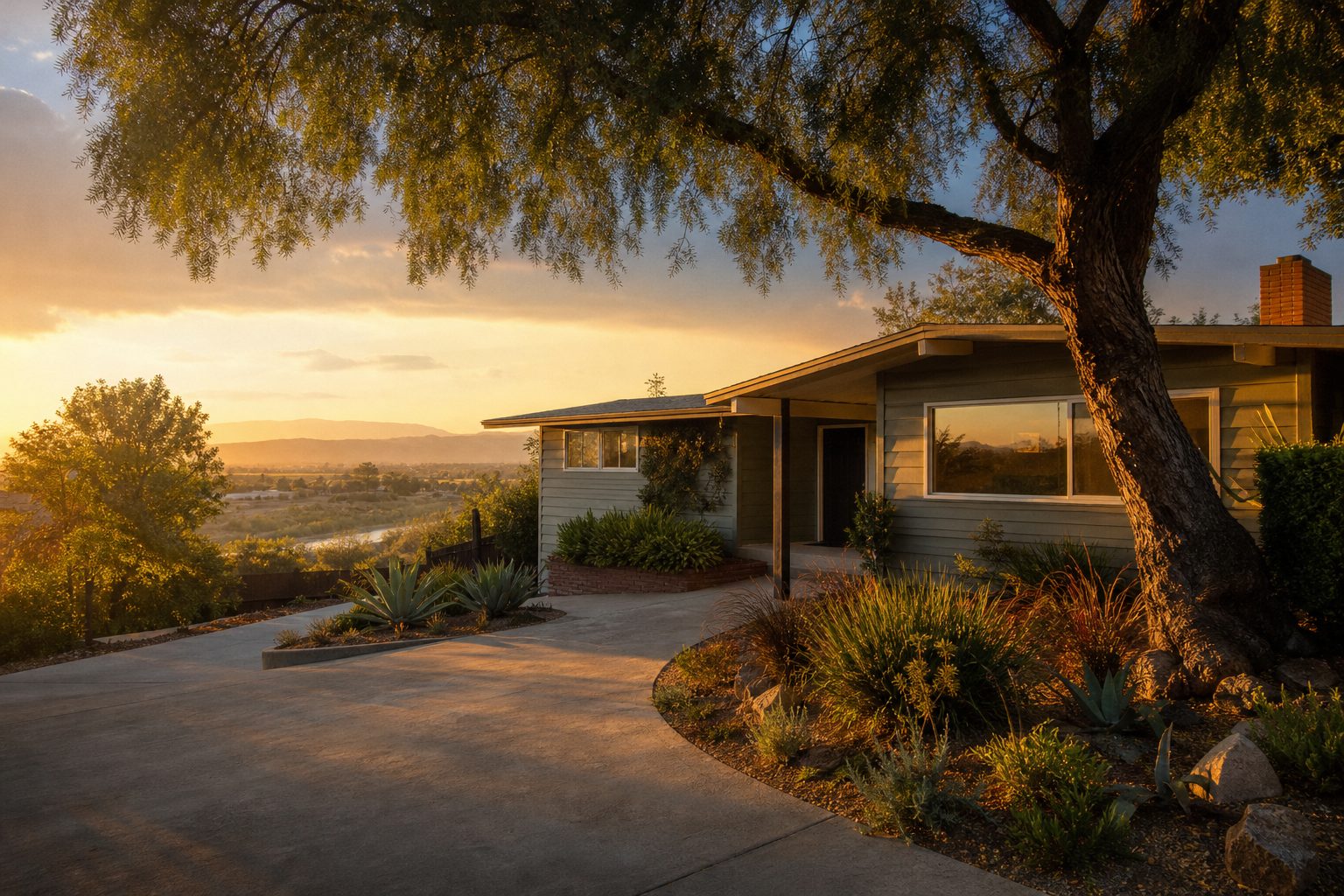 Mid-century Lake Balboa home with pepper tree and wide driveway in afternoon sunlight with Basin visible beyond.