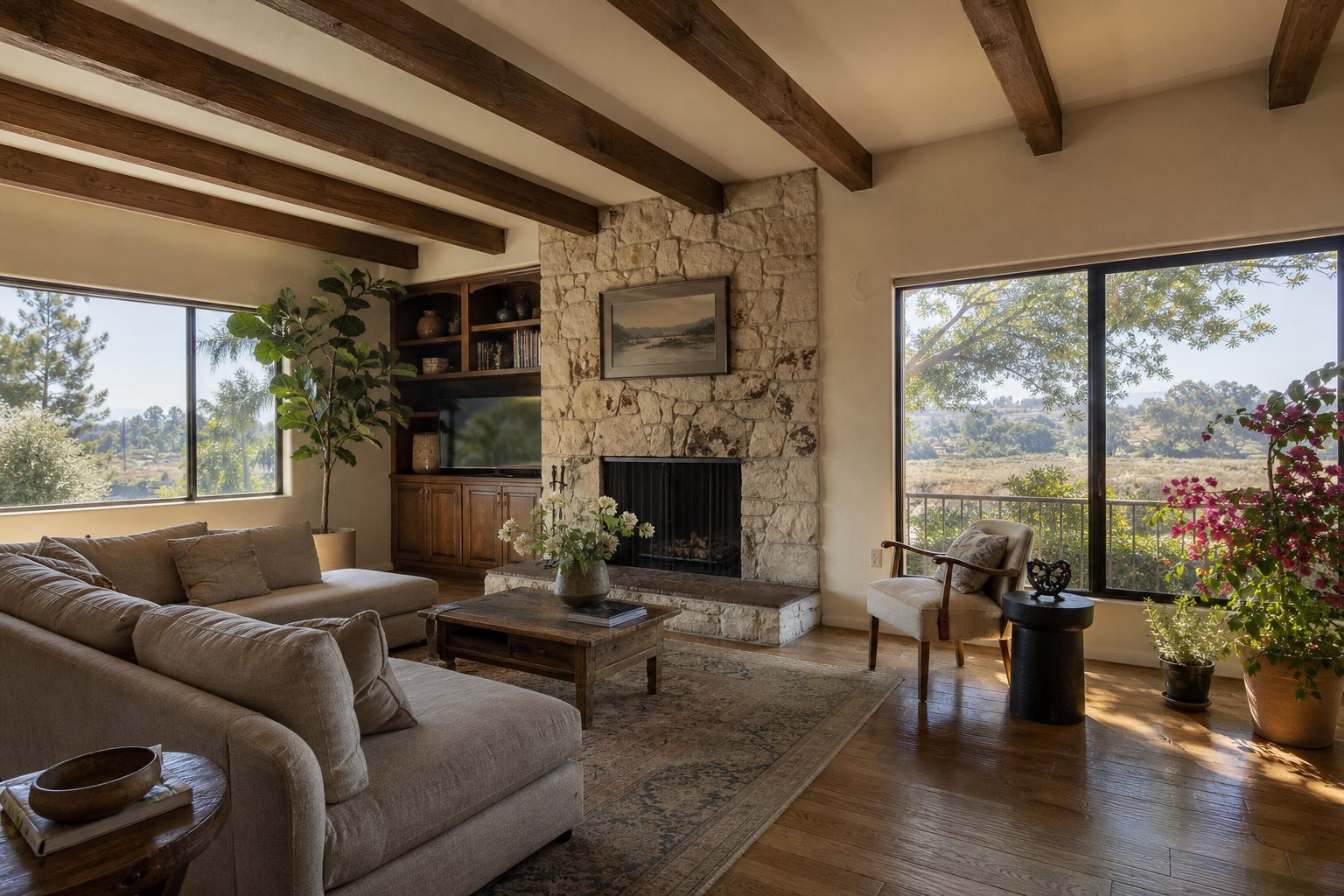 Open family room with wood beaming and windows overlooking Sepulveda Basin landscape in Lake Balboa.