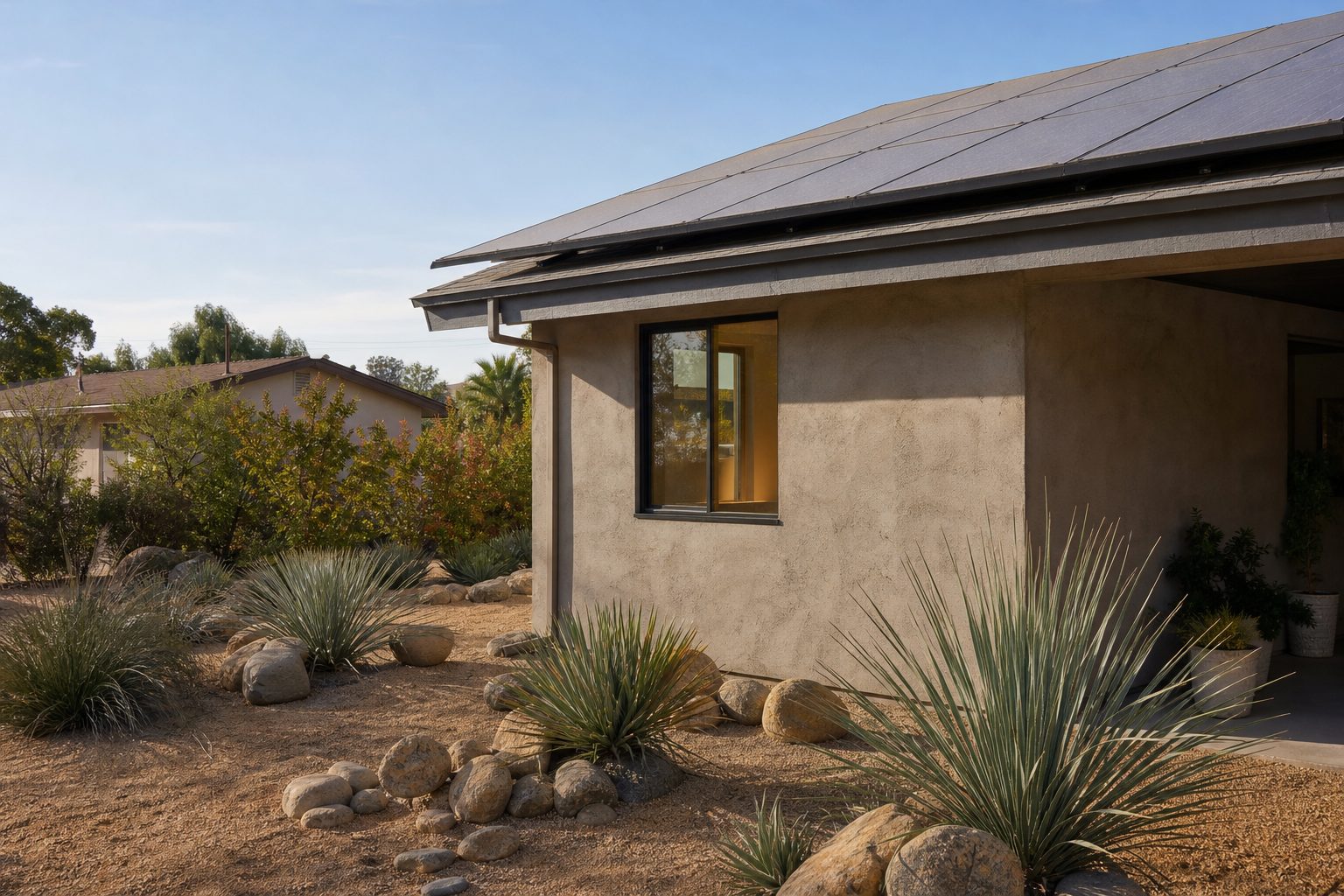 Morning light on the side yard and rooftop solar panels of a 1950s Lake Balboa ranch home with native drought-resistant landscape.
