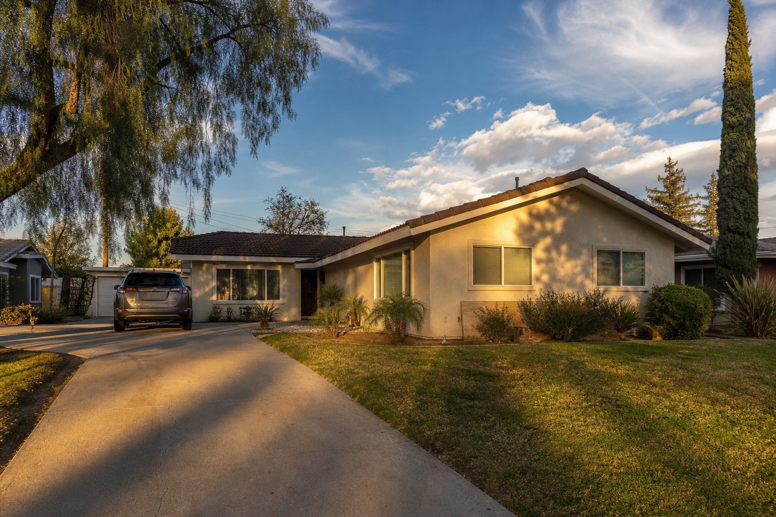 Single-story rental home with warm stucco exterior and mature pepper tree in Northridge near CSUN, photographed in golden hour light.