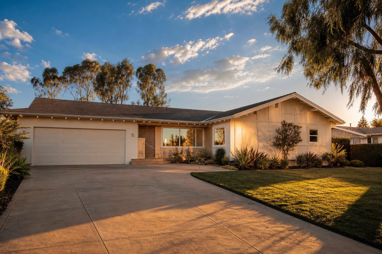 Well-maintained single-story ranch home with mature trees and wide driveway in Lake Balboa during golden hour.