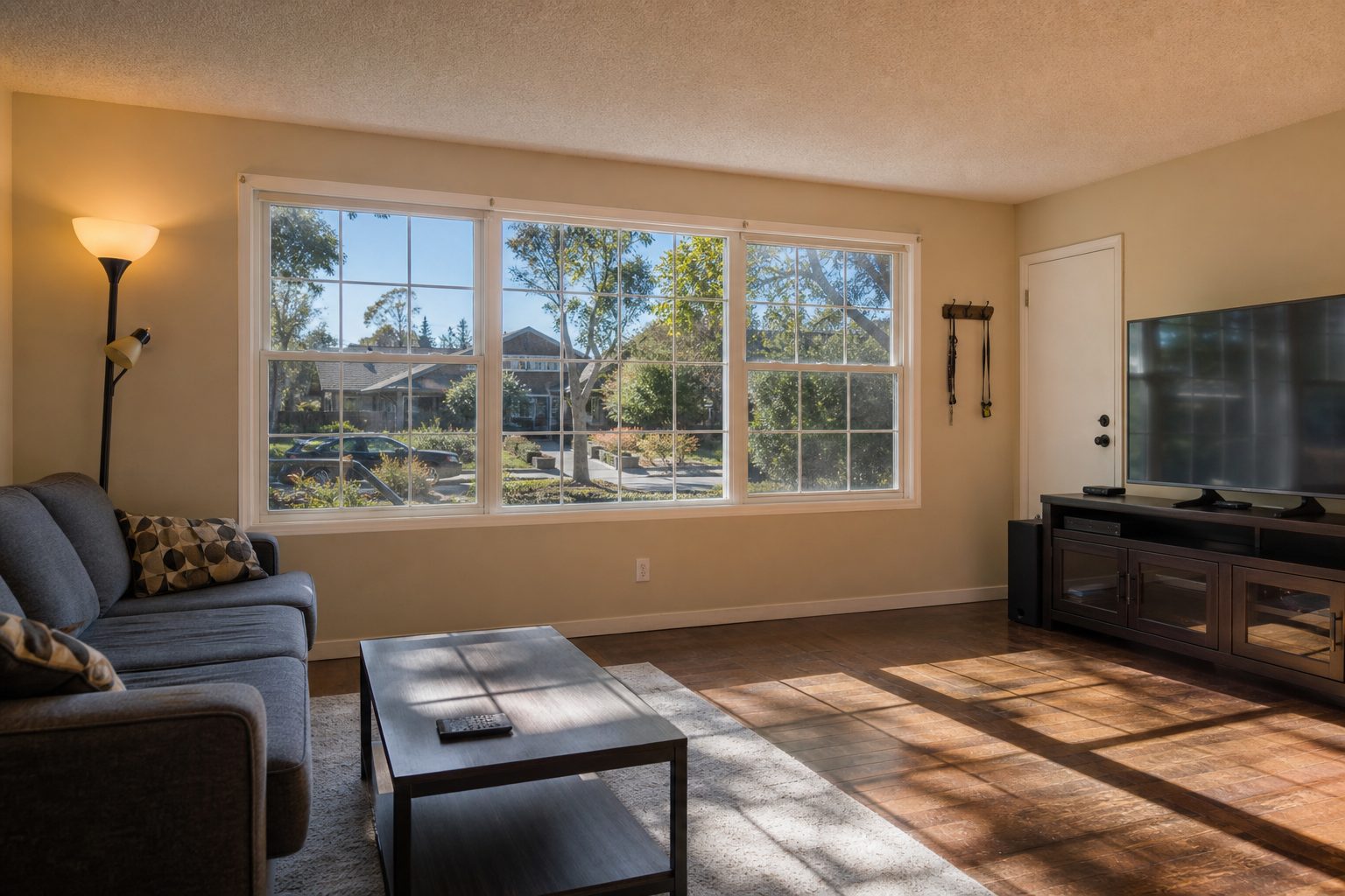Bright interior living room with large windows and natural light, showing tenant-occupied rental property in Northridge's residential neighborhood.