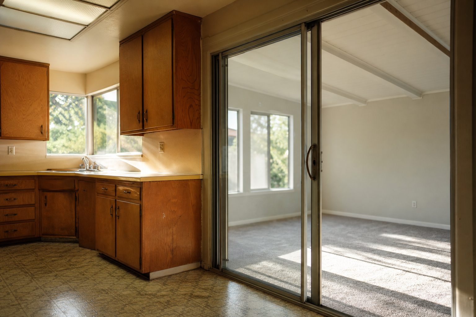 Kitchen interior showing original cabinetry alongside unpermitted room addition with differing materials and construction standards.