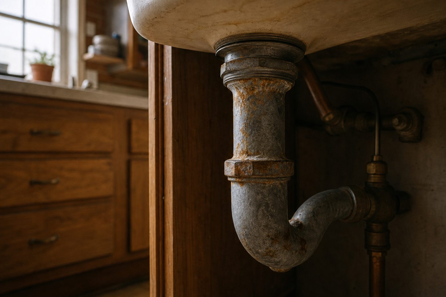 Corroded galvanized steel water pipe under kitchen sink showing mineral buildup and rust typical of 1950s Lake Balboa plumbing.