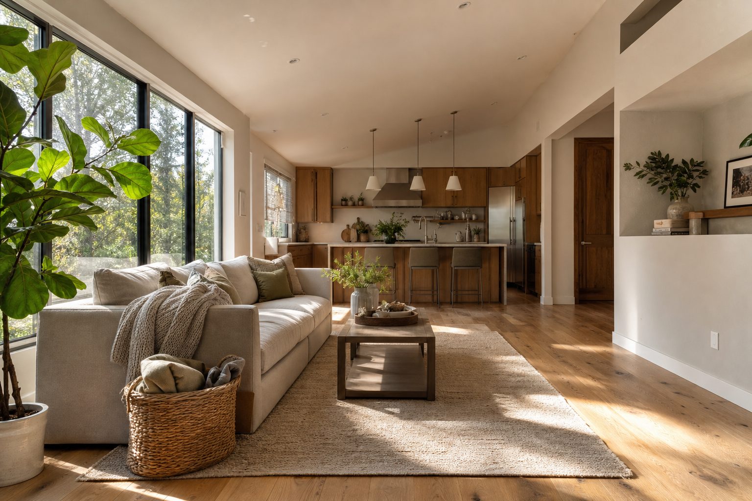 Open-concept living room with vaulted ceilings, wood flooring, and bright window light in a contemporary family home.
