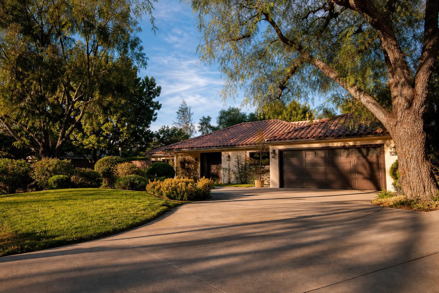 Well-maintained single-family home with mature trees and wide driveway in Lake Balboa, late afternoon golden light.