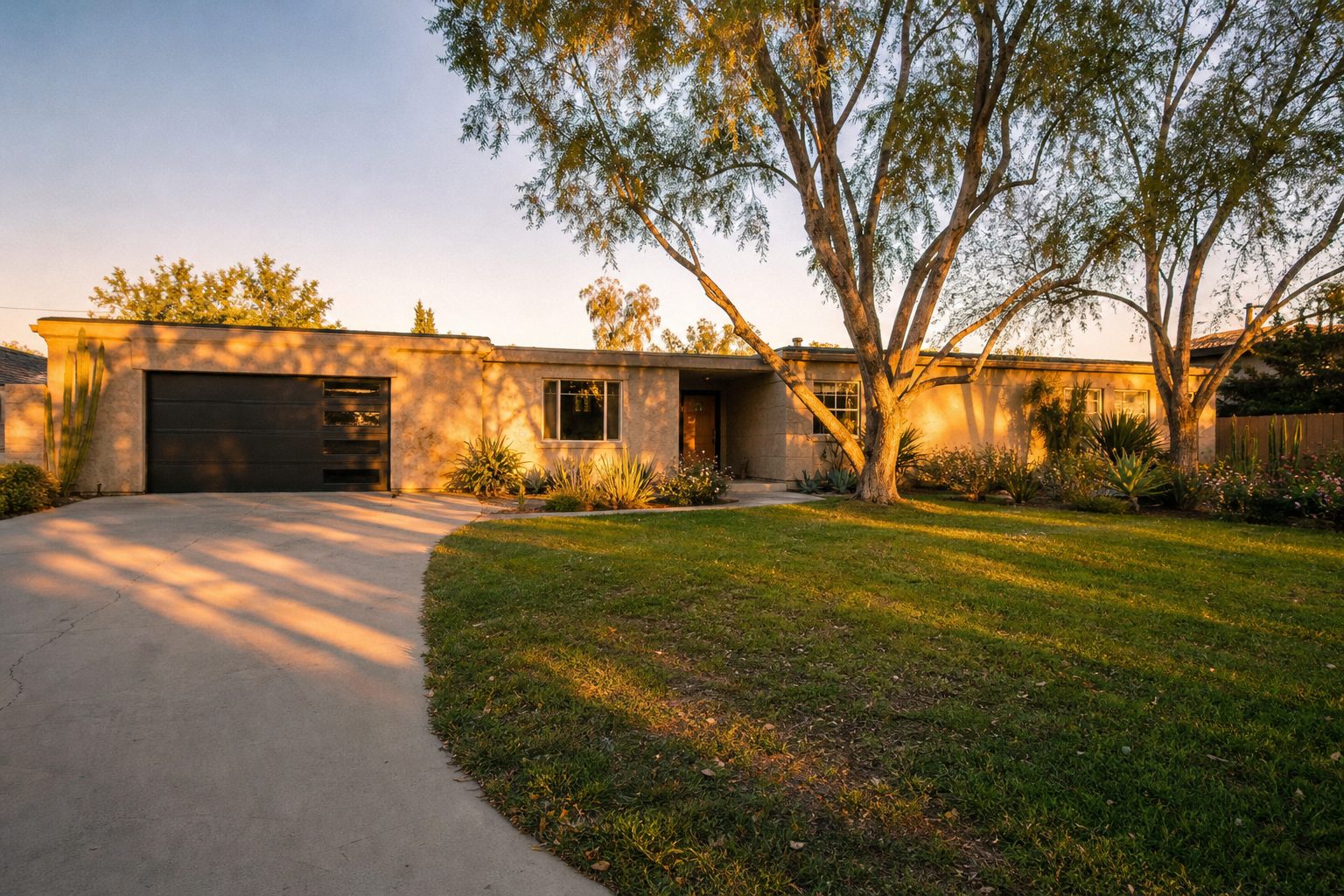 Mid-century ranch home in Lake Balboa with mature trees, converted garage, and flat landscaped lot at golden hour.