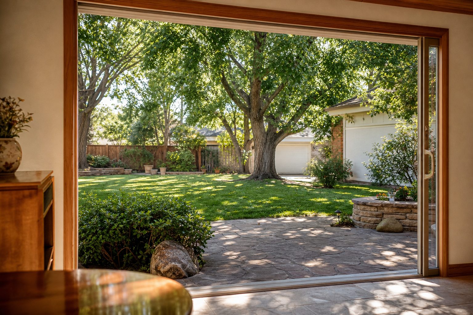 View through interior glass door to a mature backyard typical of Northridge 91325 ranch homes near Holmes Middle School.