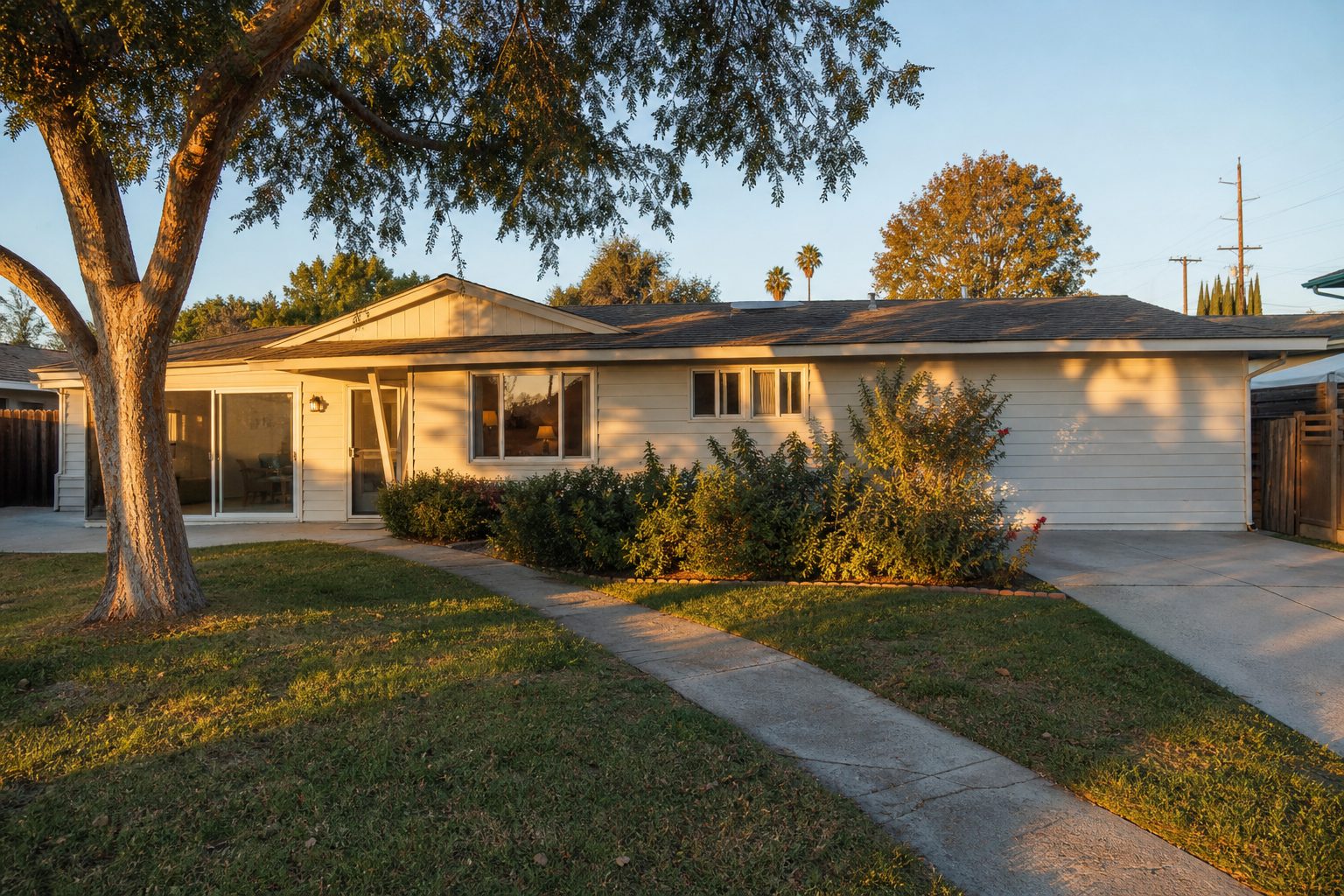 1960s ranch home with mature pepper tree and enclosed patio in Northridge's typical residential streetscape.