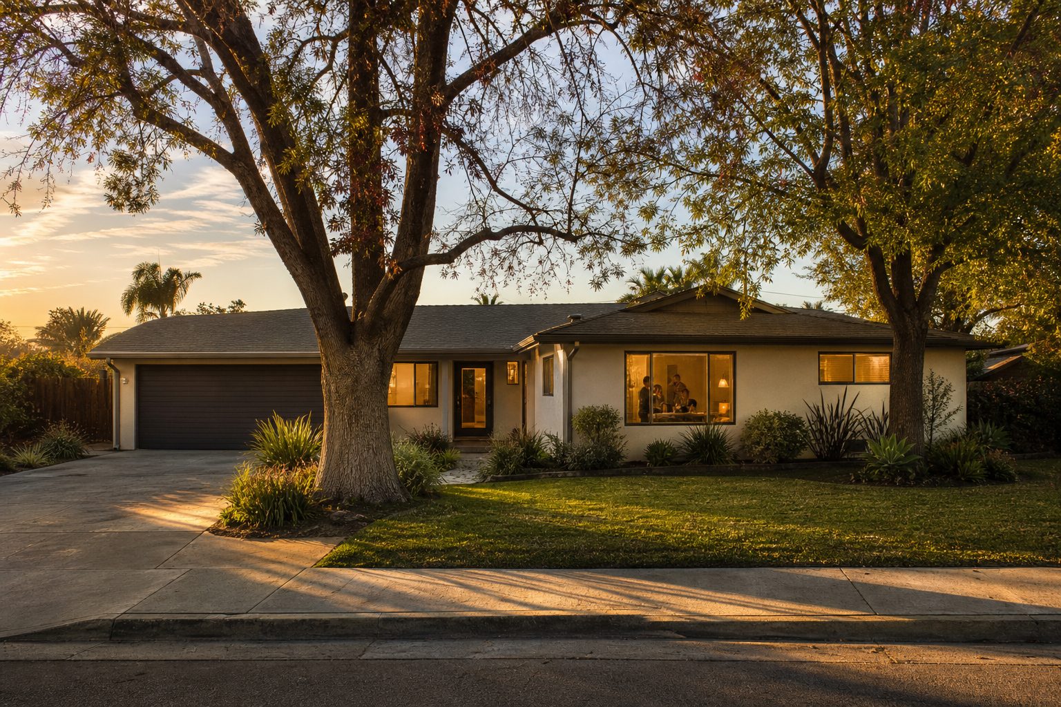 1960s ranch home in Northridge with mature trees, driveway, and warm interior light visible through windows at golden hour.