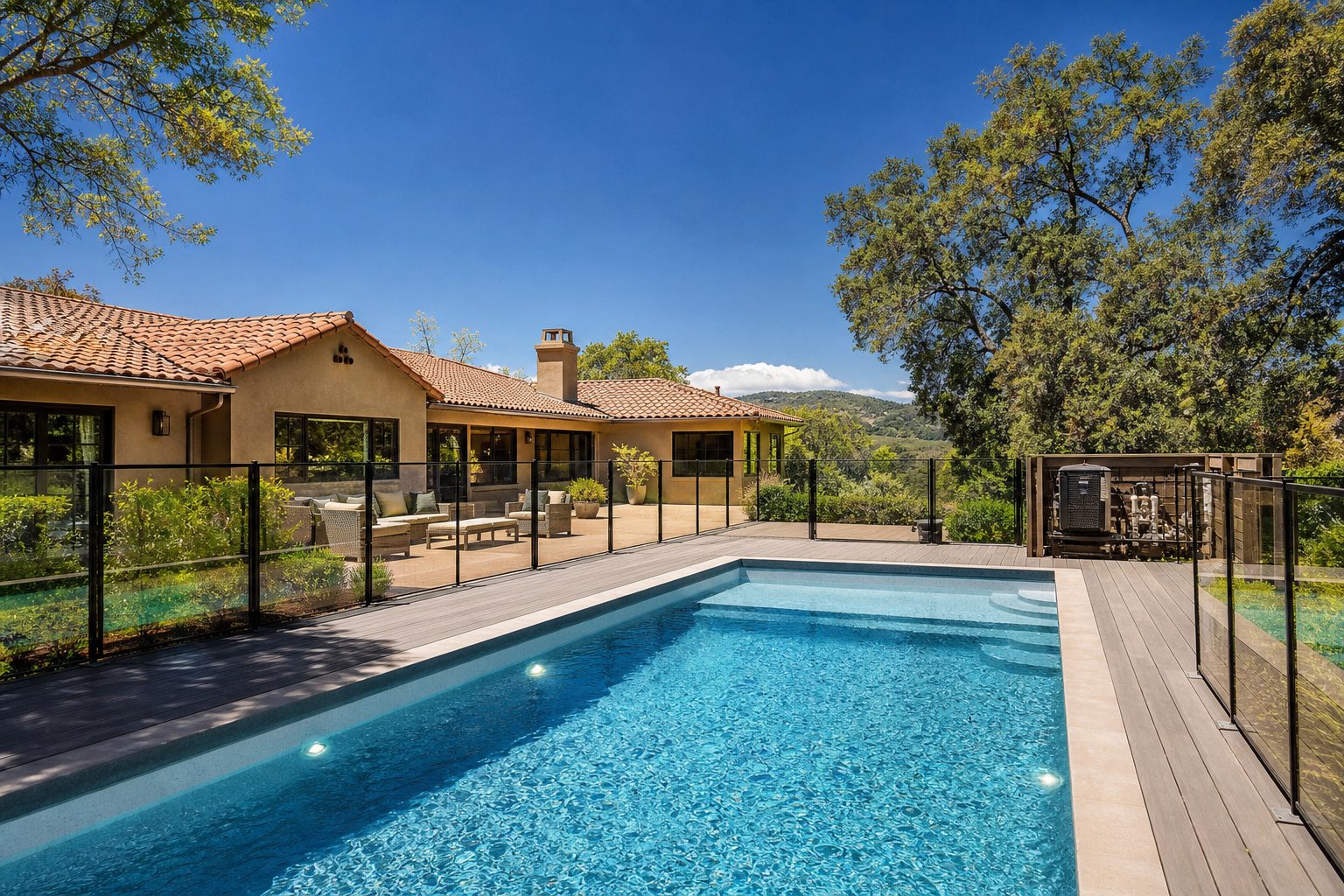Well-maintained residential pool with modern equipment and proportional deck space in a Porter Ranch home under bright afternoon sunlight.