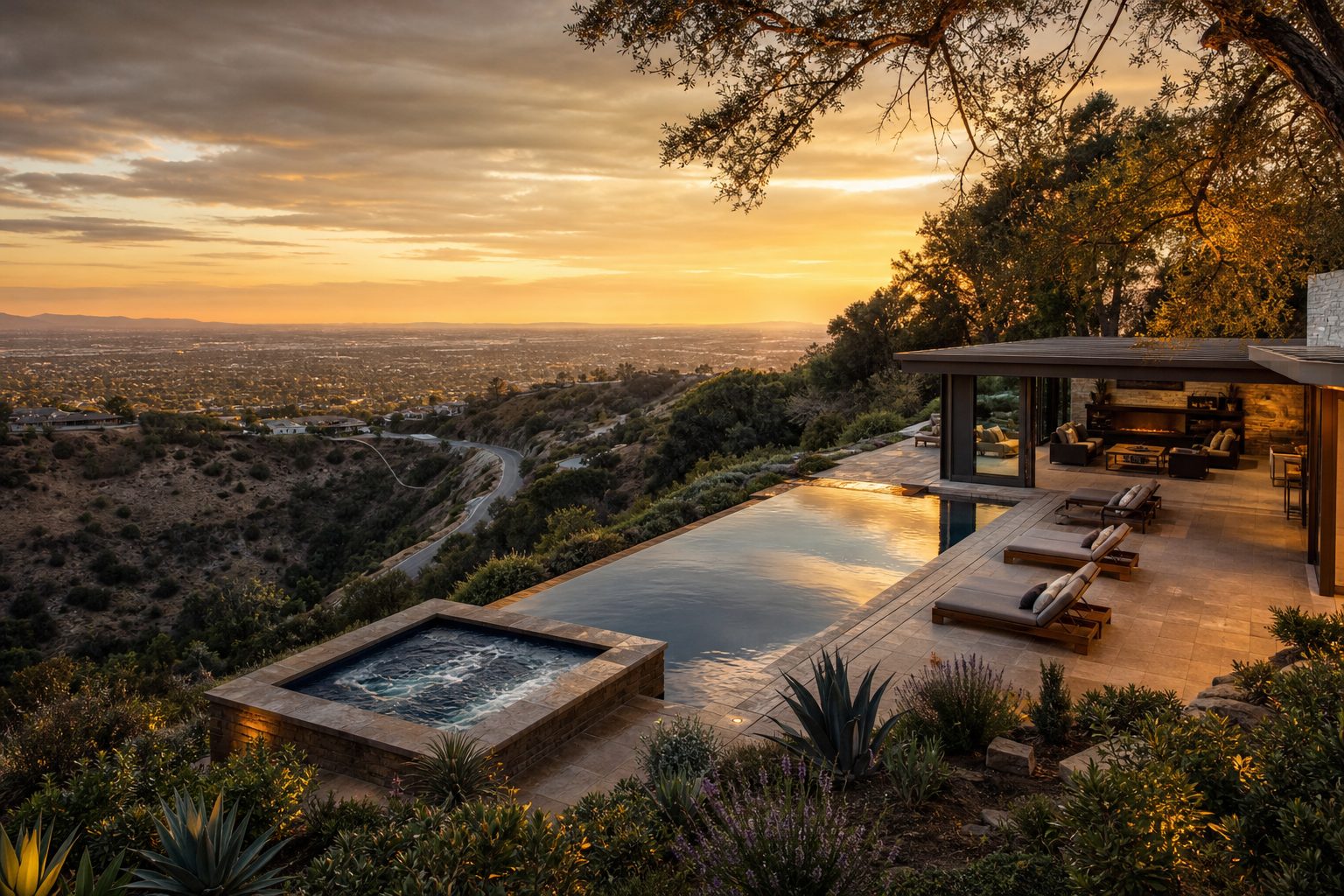 Contemporary hillside estate with resort pool overlooking the San Fernando Valley at sunset in Woodland Hills.