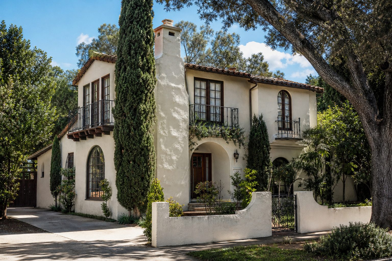 Two-story Spanish Colonial Revival home with arched windows, tile roof, and mature trees in a Woodland Hills residential neighborhood.
