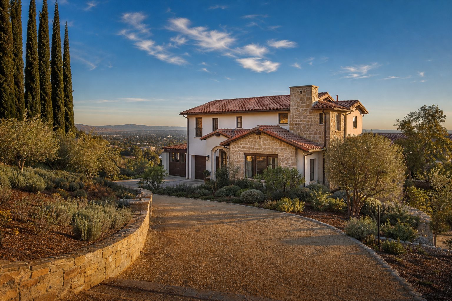 Mediterranean hillside estate with stone facade and mature oak trees on a sloped Woodland Hills property south of Ventura Boulevard.